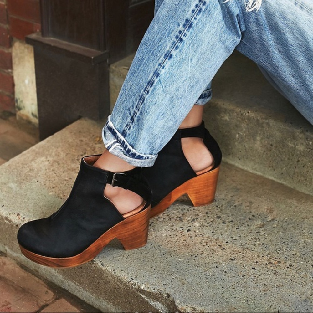 Free People Black Cutout Leather Clogs with Wood Heel